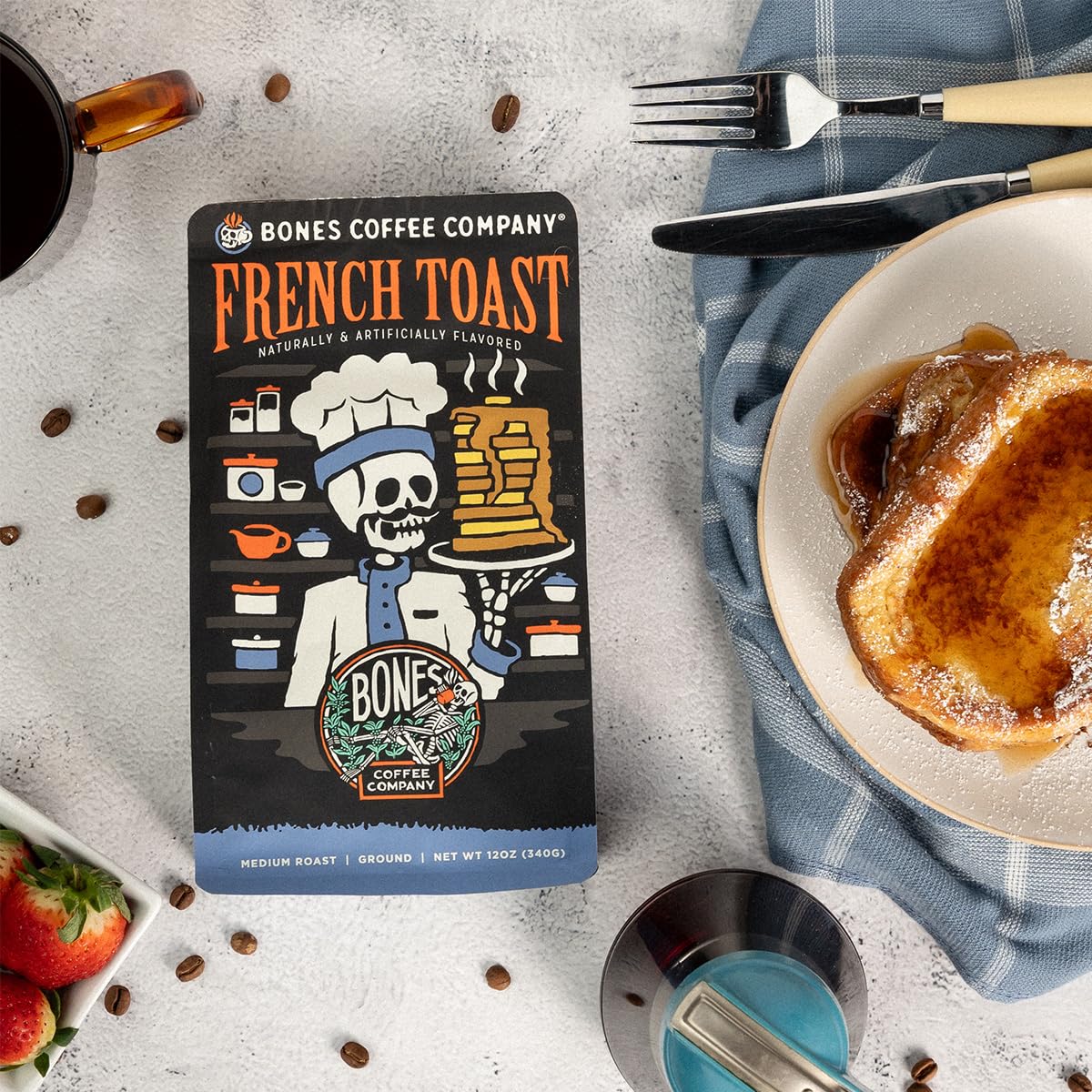Bones Coffee Company French Toast Ground Coffee Beans, Sweet & Buttery Flavor, Low Acid Flavored Coffee, Made With Arabica Coffe
