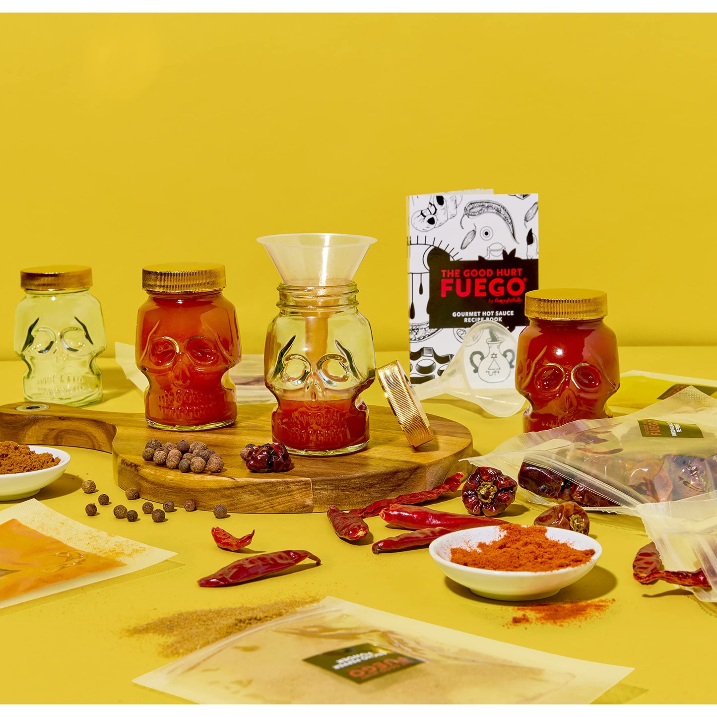 The Good Hurt Fuego by Thoughtfully, DIY Hot Sauce Set, Hot Sauce Making Kit Includes 4 Skull Shaped Reusable Glass Jars, 2 Funn