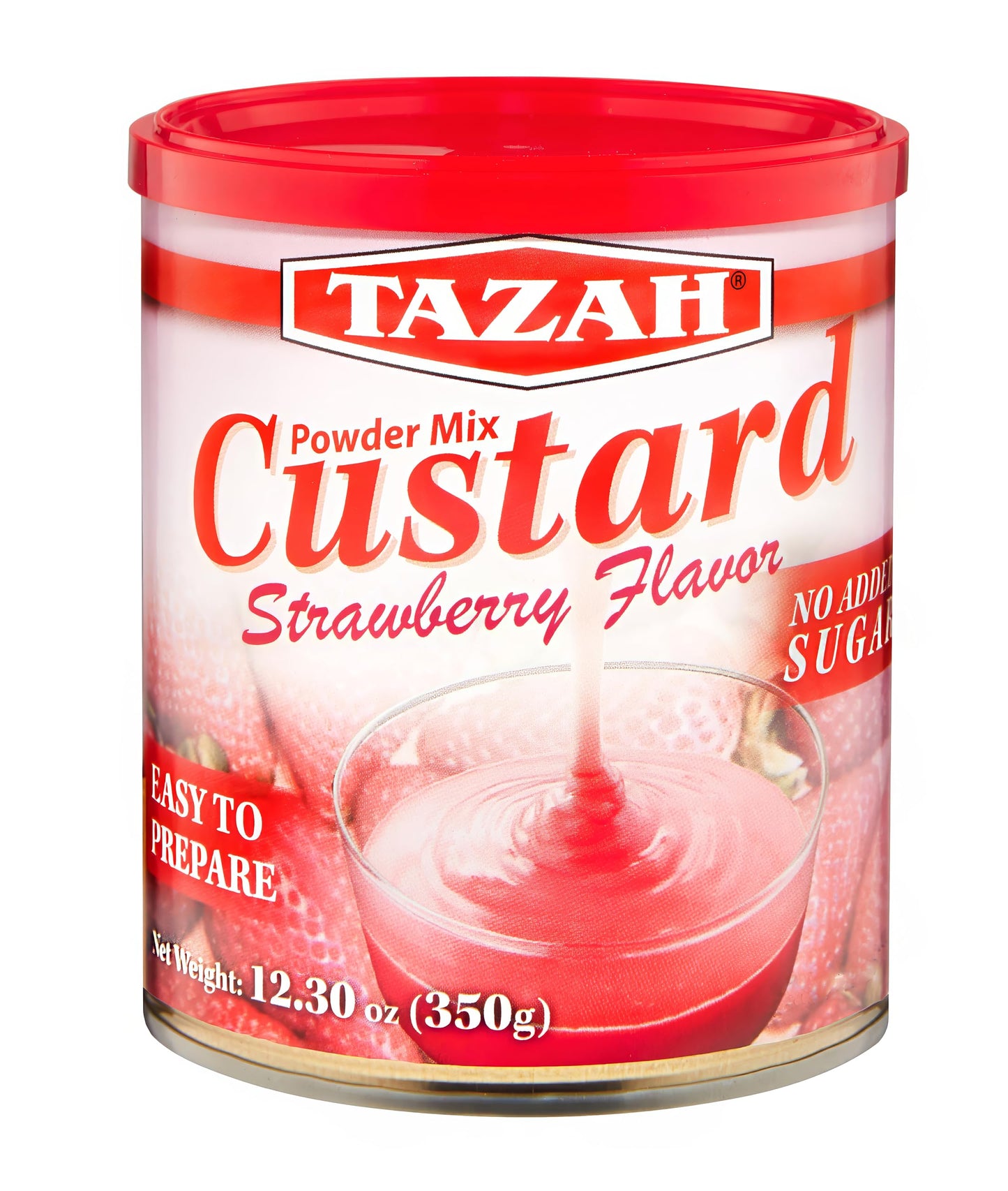 TAZAH Strawberry Custard Powder Mix, No Added Sugar, 12.3 Oz (350g) Tin