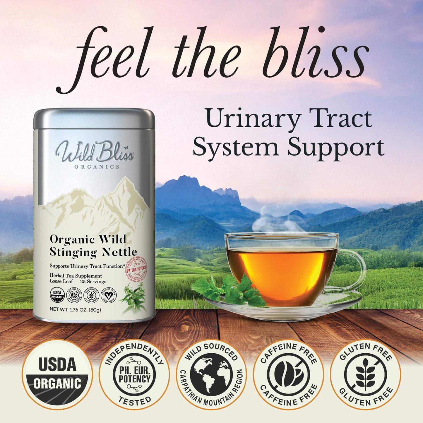 Wild Bliss Organic Wild Stinging Nettle Leaf Tea - Caffeine Free Herbal Tea - 25 Servings - Loose Leaf - 1.76 Oz