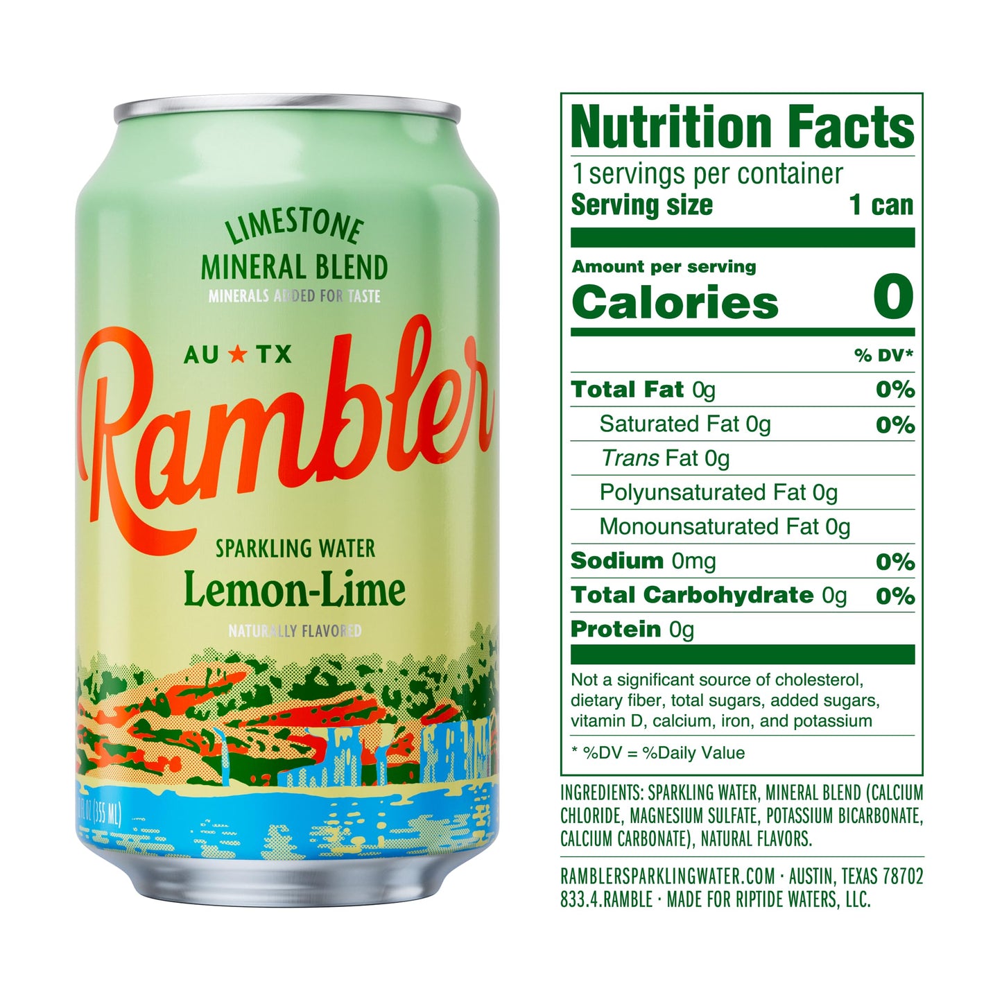 RAMBLER Lemon-Lime Sparkling Water, 12-Ounce Cans, Pack of 24, Texas Limestone Filtered