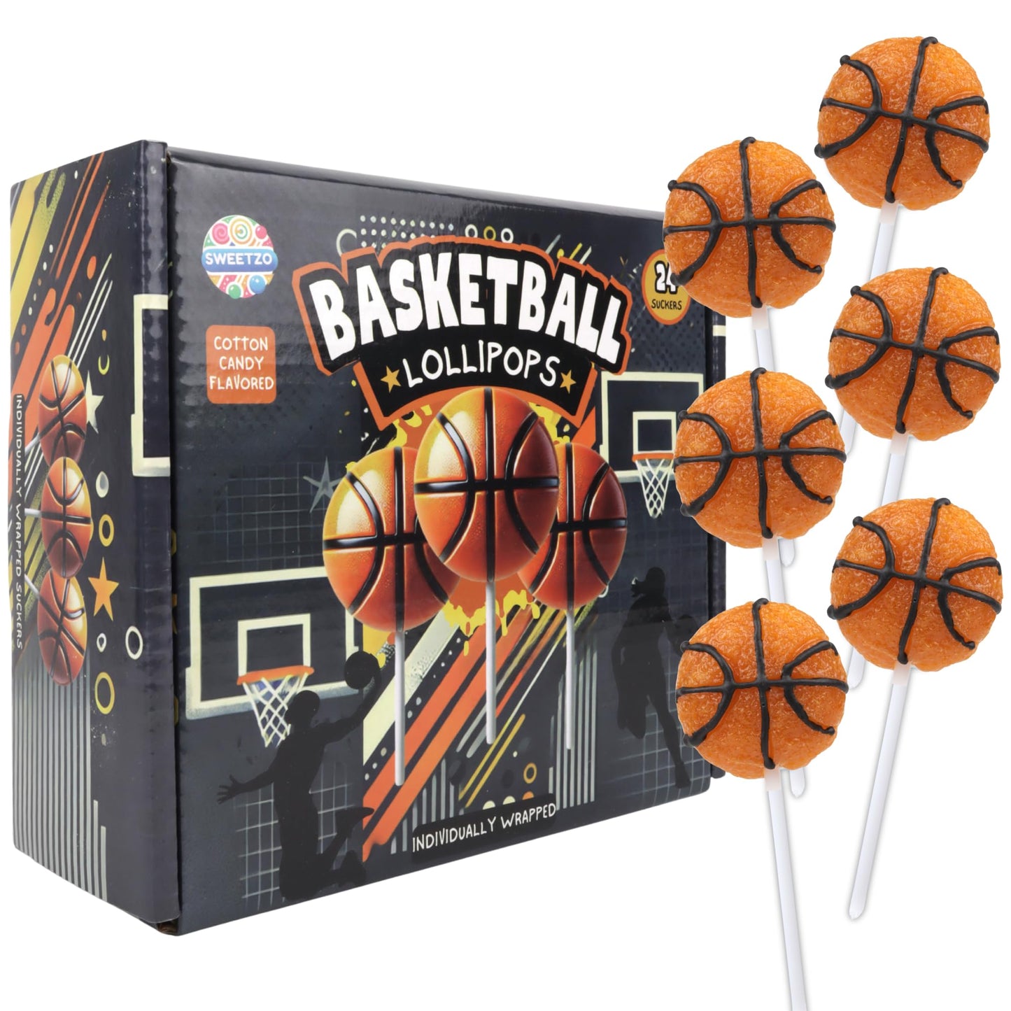 Sweetzo Basketball Lollipops, Strawberry Flavored, Individually Wrapped, 24 Count Box, 10.16 Ounces