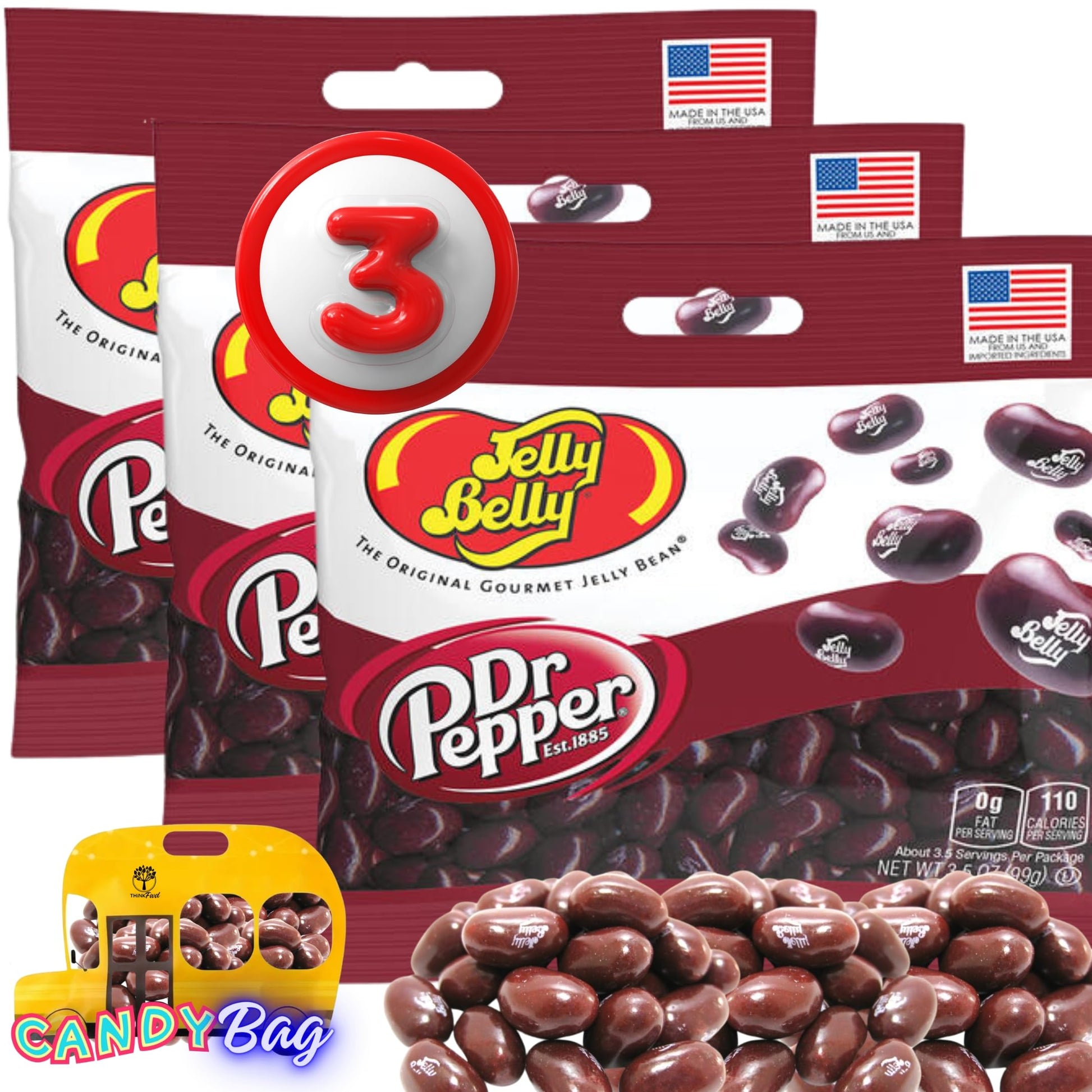 (3 PACK) Dr. Pepper Jelly Beans - 3.5 oz each - Bulk Individually Bagged Shareable Chewy Candies - Included One Think FWD Candy 