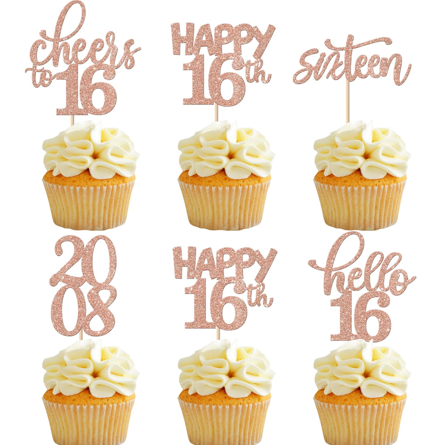 Rsstarxi Cupcake Toppers 30 Pack Glitter Happy 16th Birthday Rose Gold Paper Model XM087