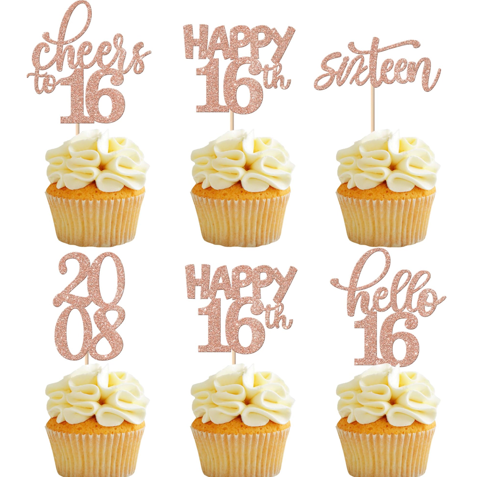 Rsstarxi Cupcake Toppers 30 Pack Glitter Happy 16th Birthday Rose Gold Paper Model XM087