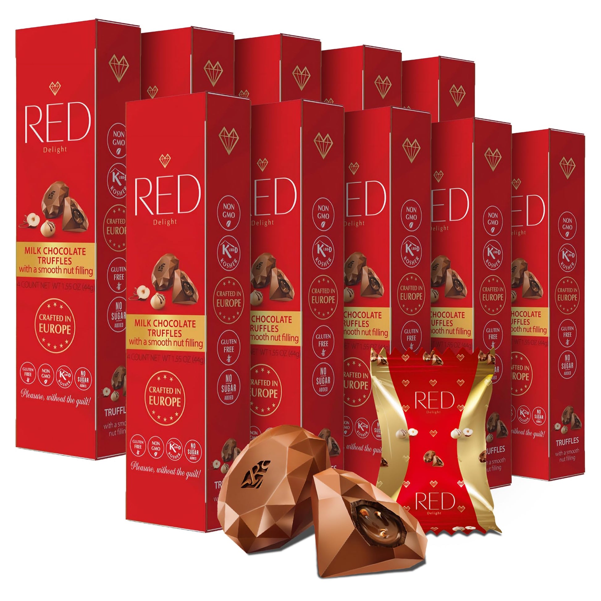 Red Delight Milk Chocolate Diamond Truffles With Smooth Nut Filling - Pack Of 10 (With 40 Chocolate Truffles) 15.50Oz Creamy Treats - Kosher  No Added Sugar  Gluten-Free European-Style Chocolates