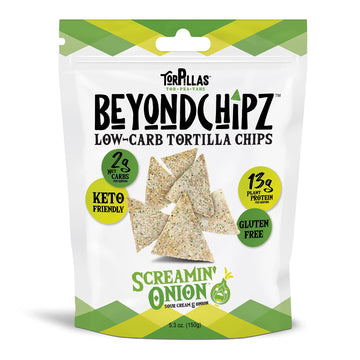 BeyondChipz Low Carb Tortilla Chips, Screamin' Onion, Keto Friendly, Gluten Free, 5.3oz Bag, Pack of 4