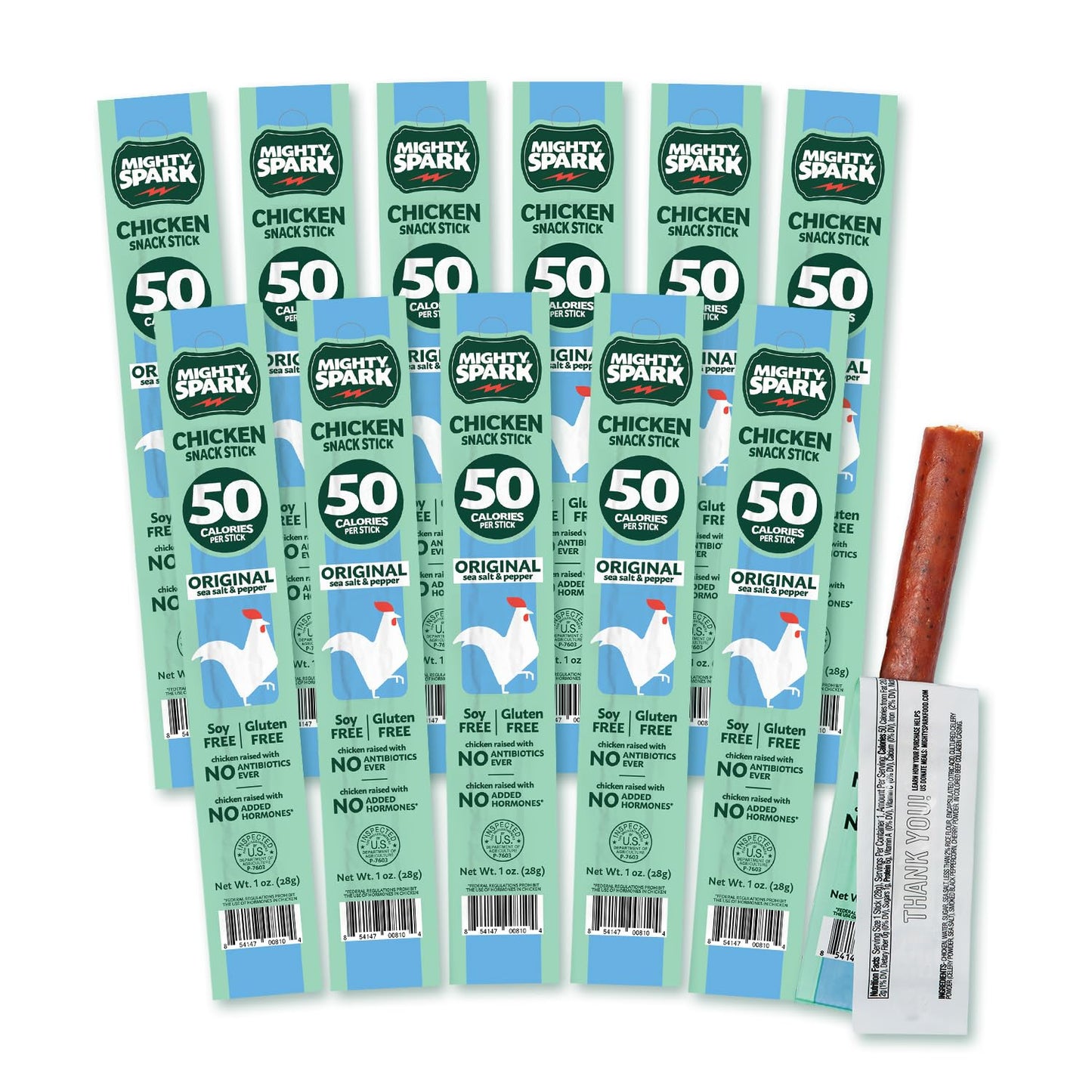 Mighty Spark Chicken Snack Sticks - Original Sea Salt & Pepper- 6G Of Protein, No Antibiotics Ever, No Hormones Added, Gluten Fr