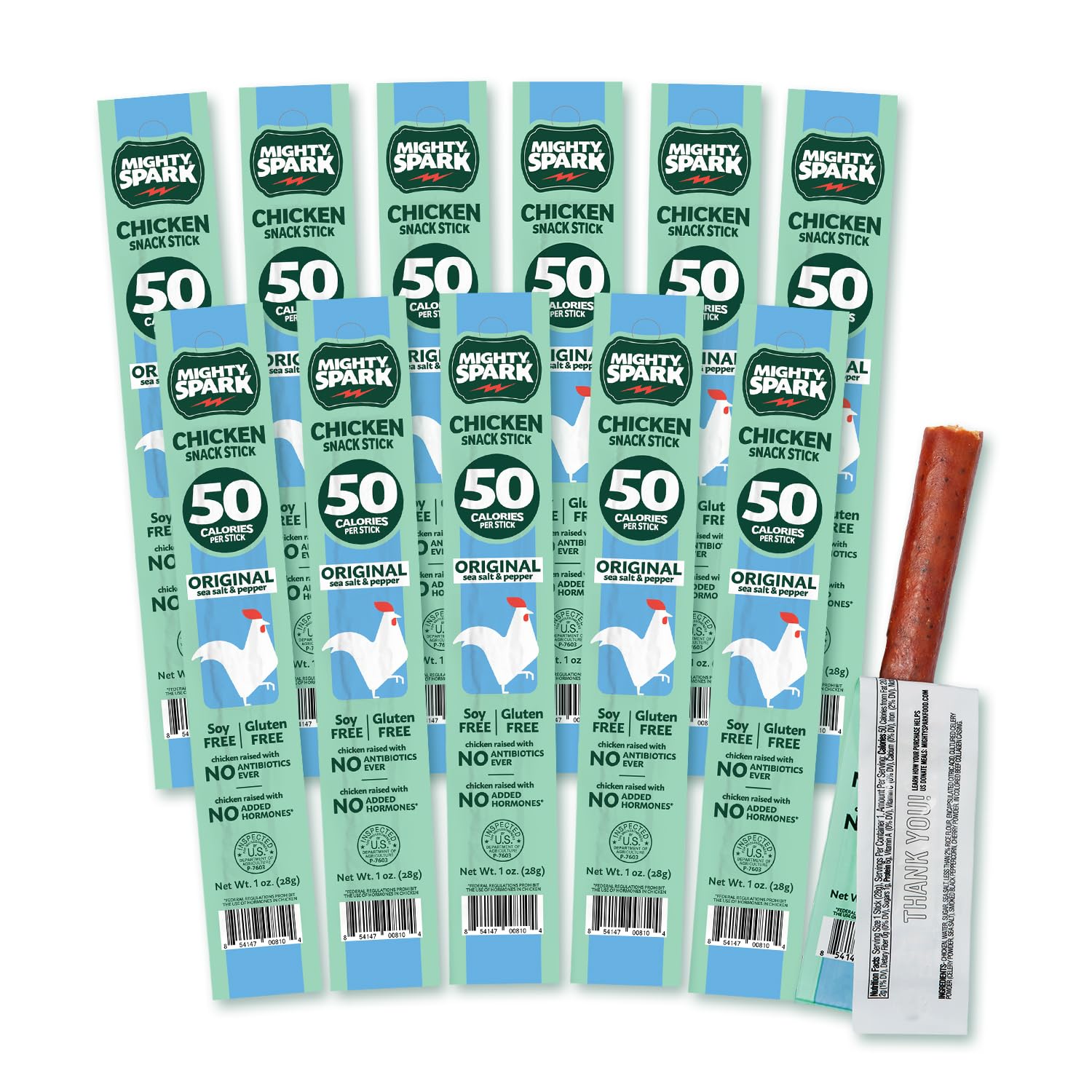 Mighty Spark Chicken Snack Sticks - Original Sea Salt & Pepper- 6G Of Protein, No Antibiotics Ever, No Hormones Added, Gluten Fr