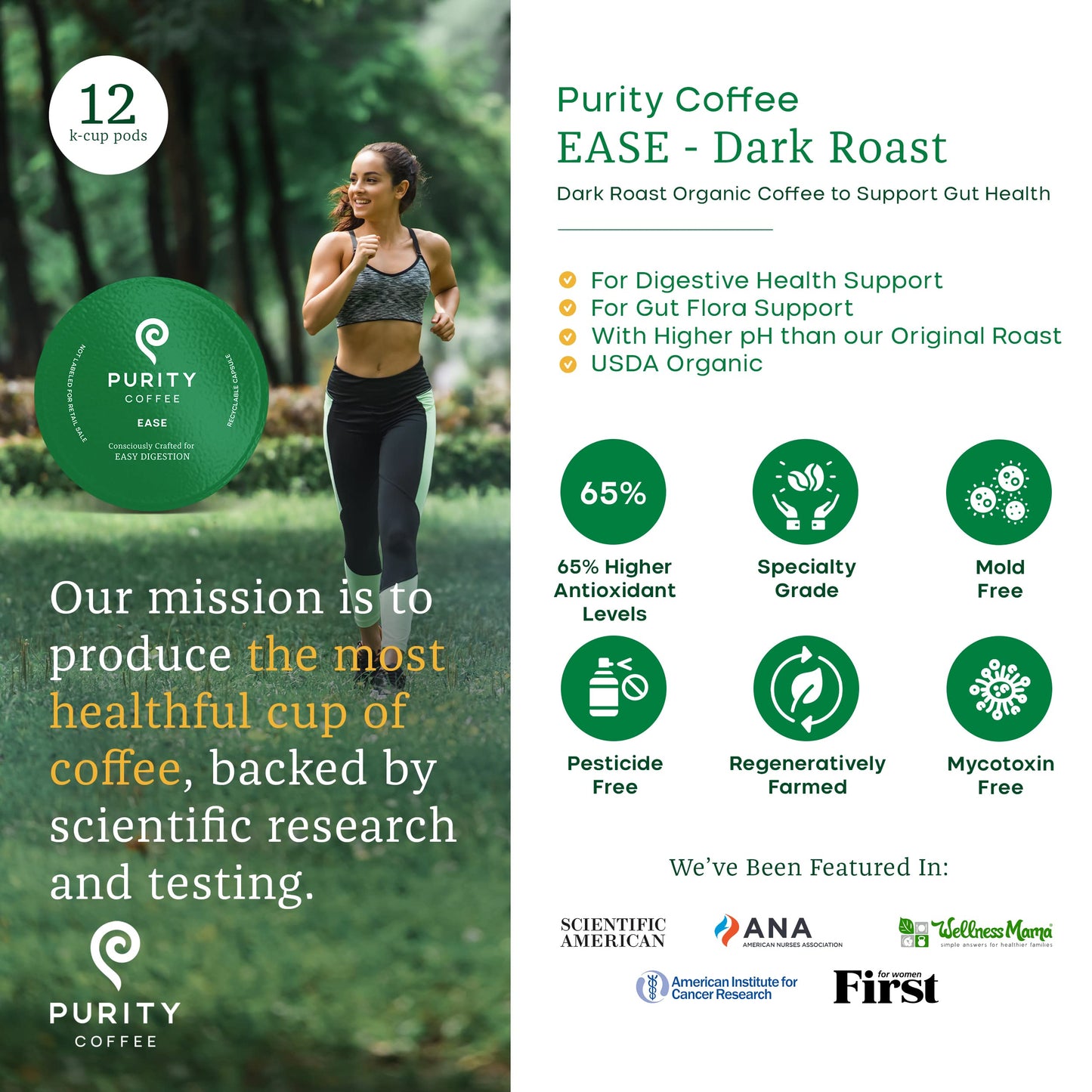 Purity Coffee EASE Dark Roast Organic Coffee Pods - Low Acid, 12 Count Box