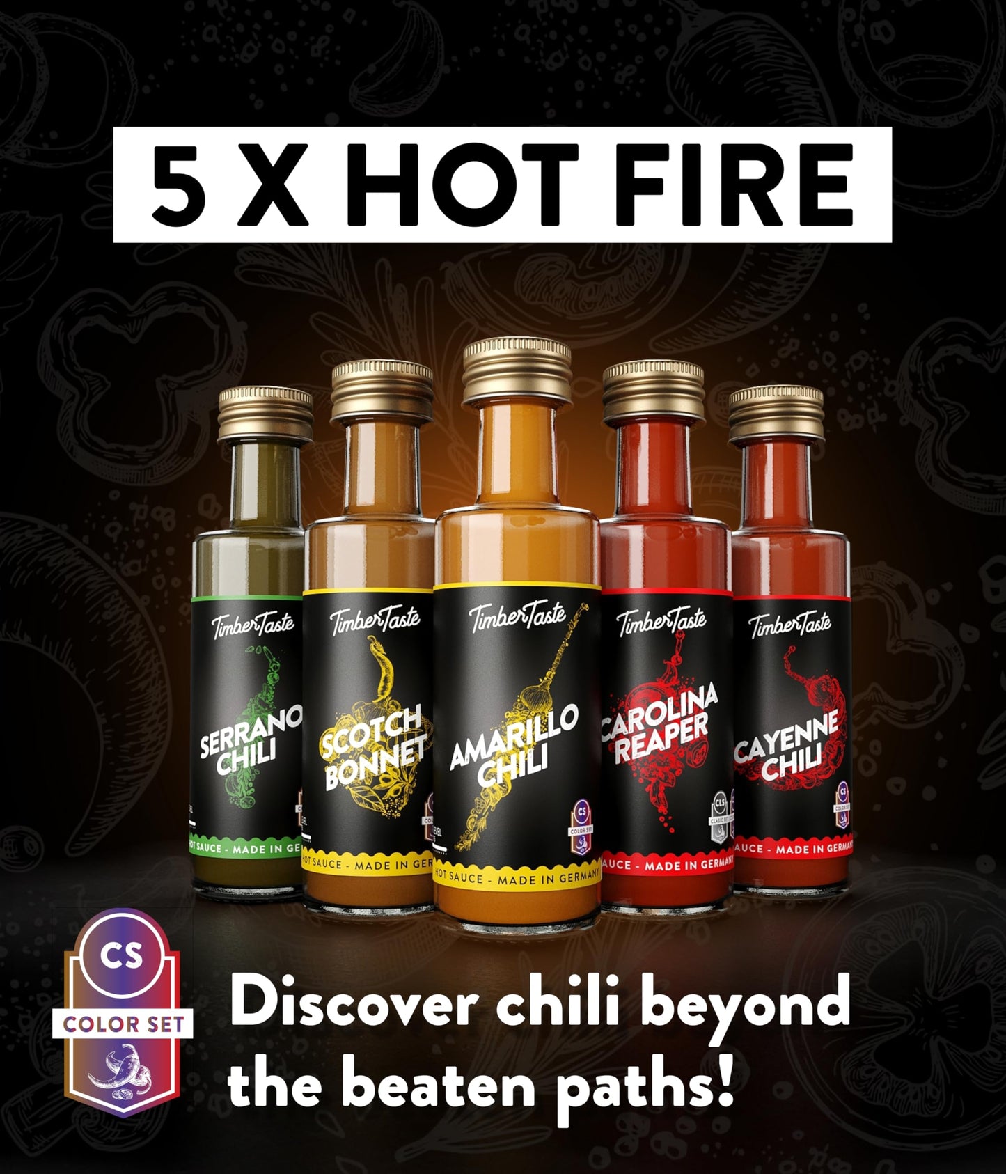 Timber Taste Color Hot Sauce Gift Set [5X1.35 Oz] Hot Sauce Variety Pack - Spicy Condiment Set For Heat Lovers In Mini Bottles -