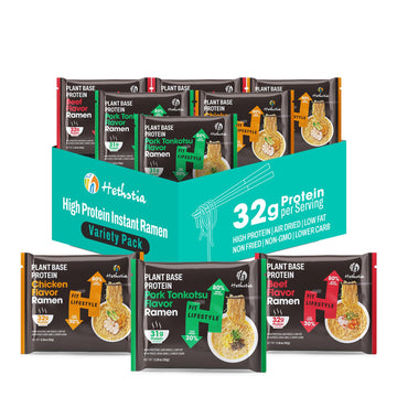 Hethstia High-Protein Instant Ramen Variety Pack (Chicken, Beef, Pork Tonkotsu), 6 Pack Non-Fried Ramen Broth, 31g Plant-Based P