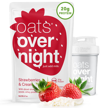 Oats Overnight Breakfast Shake - Strawberries & Cream - 20g Protein, Gluten Free - 2.7 oz per meal (8 Pack + BlenderBottle)