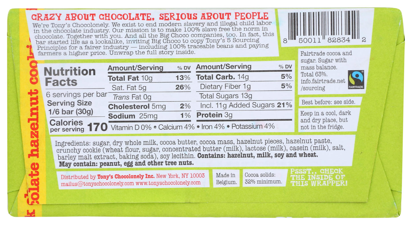 TonyS Chocolonely Milk Chocolate Bar With Hazelnut And Cookie, 6.35 Oz