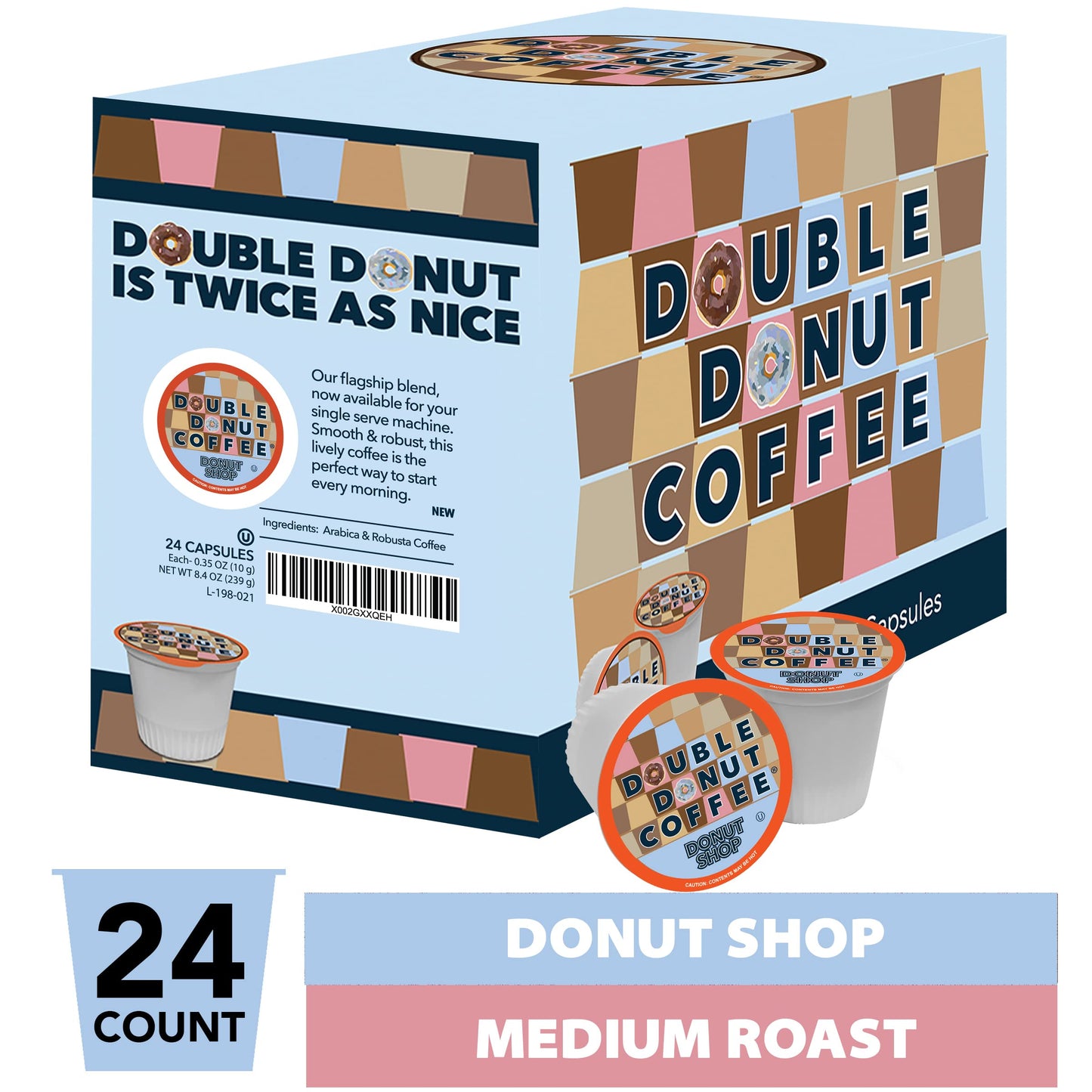 Double Donut Coffee Pods Medium Roast Blend, Single-Serve for Keurig, 24 Count