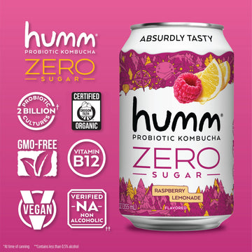 Humm Probiotic Kombucha Zero Sugar Raspberry Lemonade - No Refrigeration Needed, Keto-Friendly, Organic, Vegan, Gluten-Free - 12