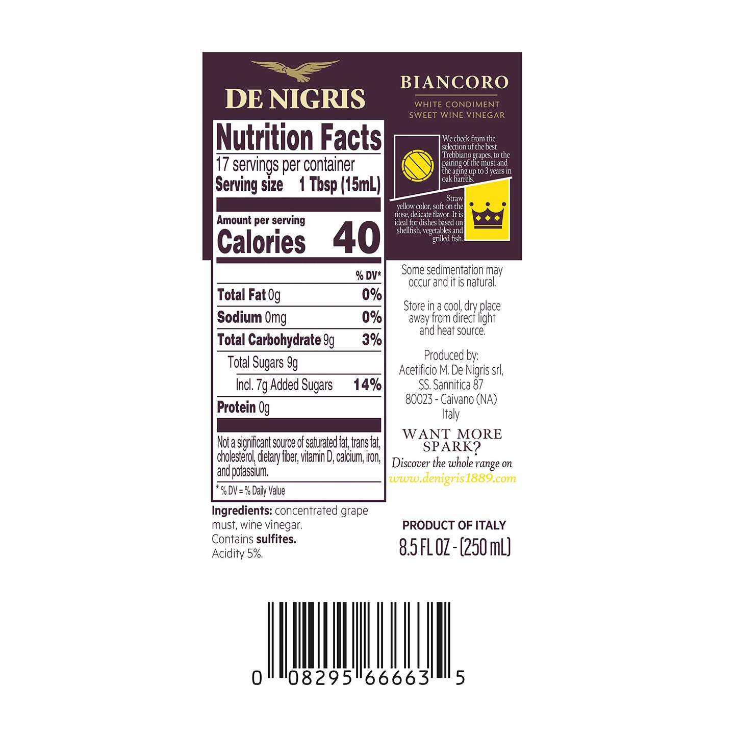 De Nigris Biancoro Sweet White Wine Vinegar, 8.5 Fl Oz (250ml) - Aged Condiment with Balsamic Vinegar from Modena, Italy