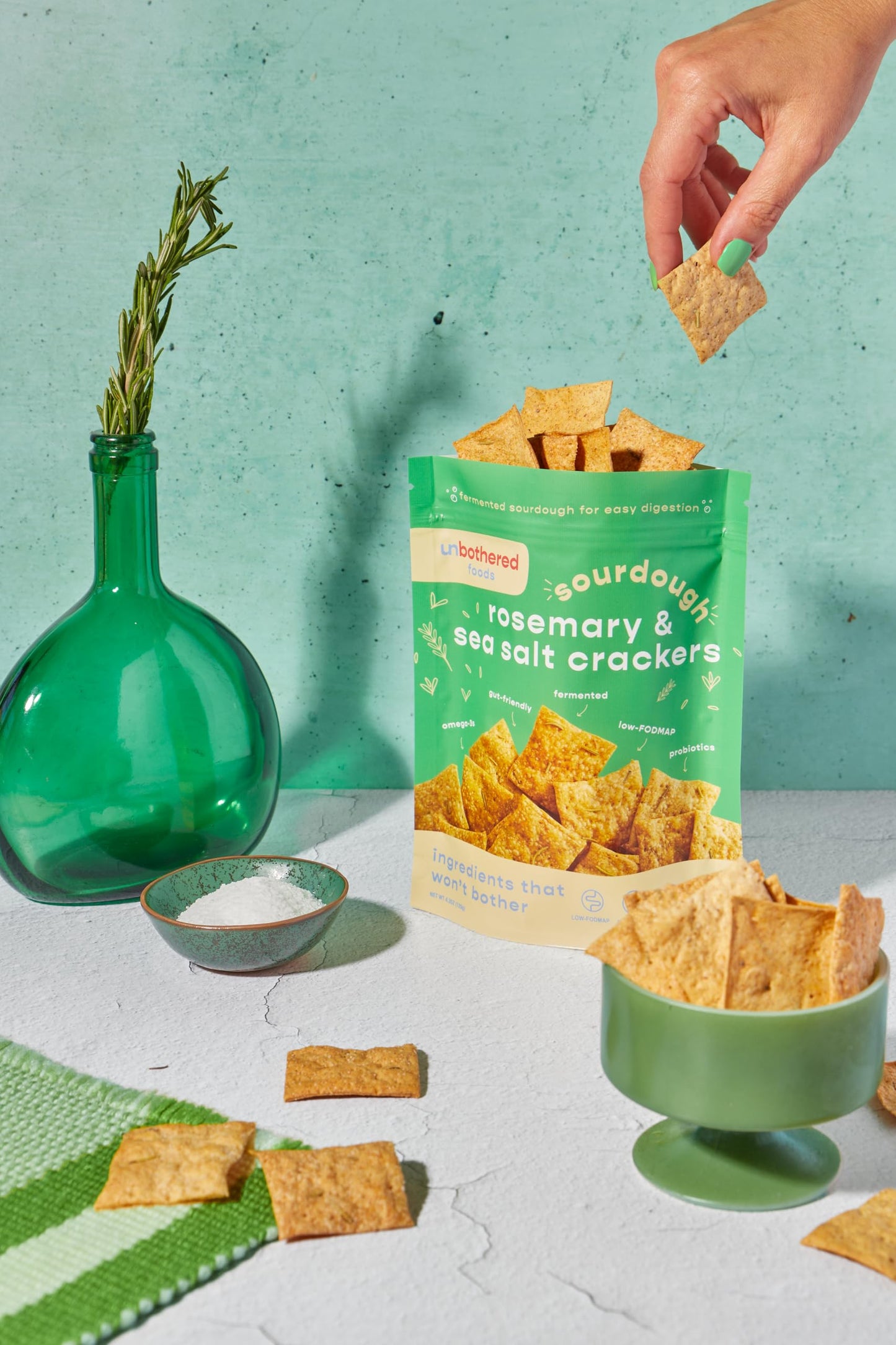 Unbothered Foods Rosemary & Sea Salt Sourdough Crackers - Gut-Friendly & Easy to Digest, Non-GMO, No Added Sugar, Nut-Free, Perf