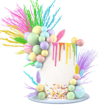 40 Pcs Colorful Cake Toppers Pastel Color Ball Cake Decoration Boho Bunny Tails Reed Grass Cake Decoration For Boho Wedding Birt