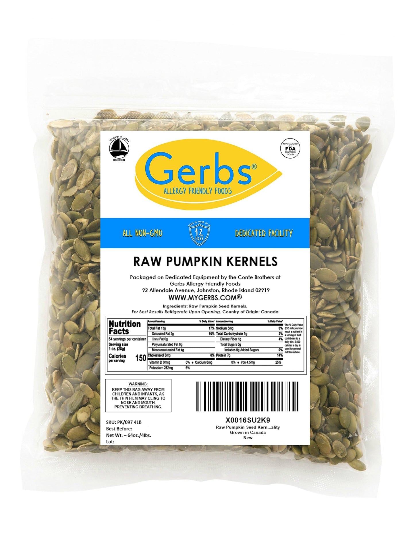 Gerbs Raw Pumpkin Seed Kernels 4 Lbs|Top 14 Allergy Free Food |Use In Salads, Yogurt, Baking, Oatmeal, Trail Mix|Grown In Canada, Packed In Us