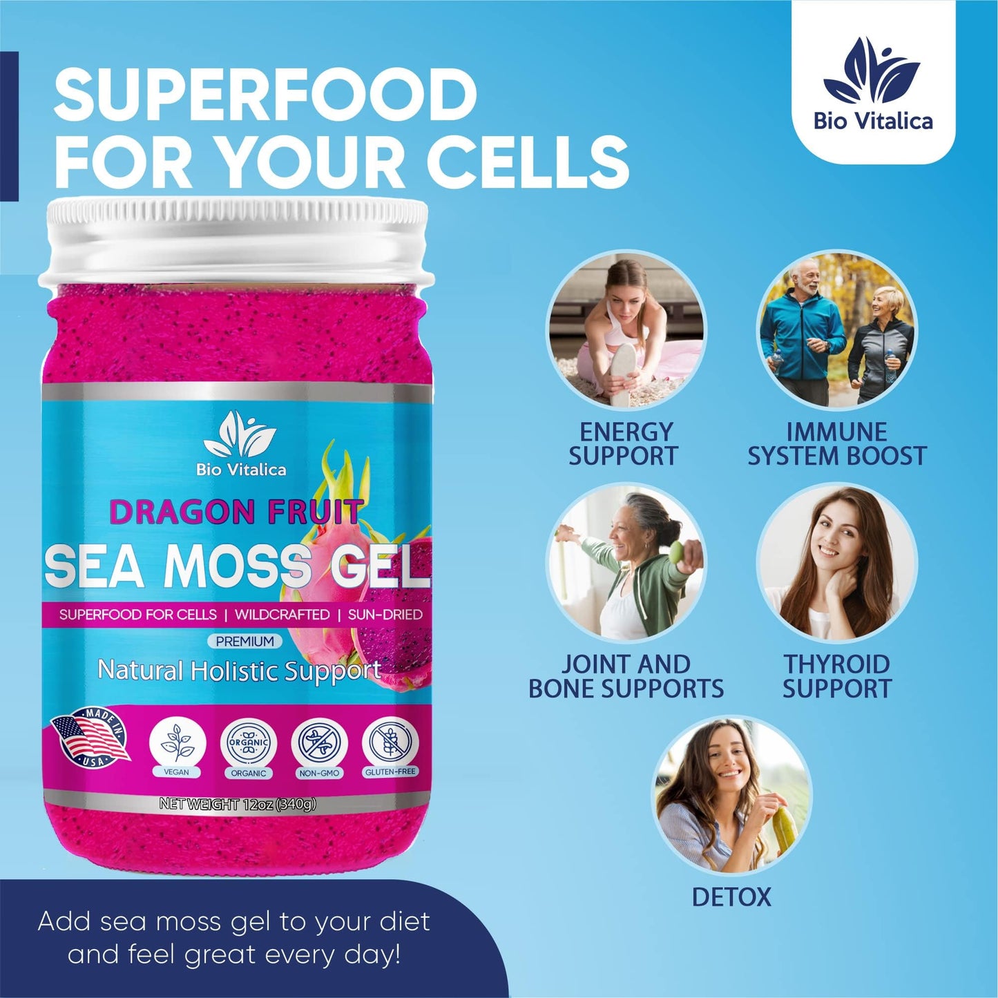 BIO VITALICA Sea Moss Gel - Organic Vegan Superfood - 12 Fl Oz (Pack of 1) - Dragon Fruit Flavor