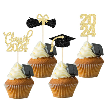 36 Pack 2024 Graduation Cupcake Toppers Glitter Class Of 2024 Cupcake Toppers Graduation Cap Diploma Cupcake Picks 2024 Graduati