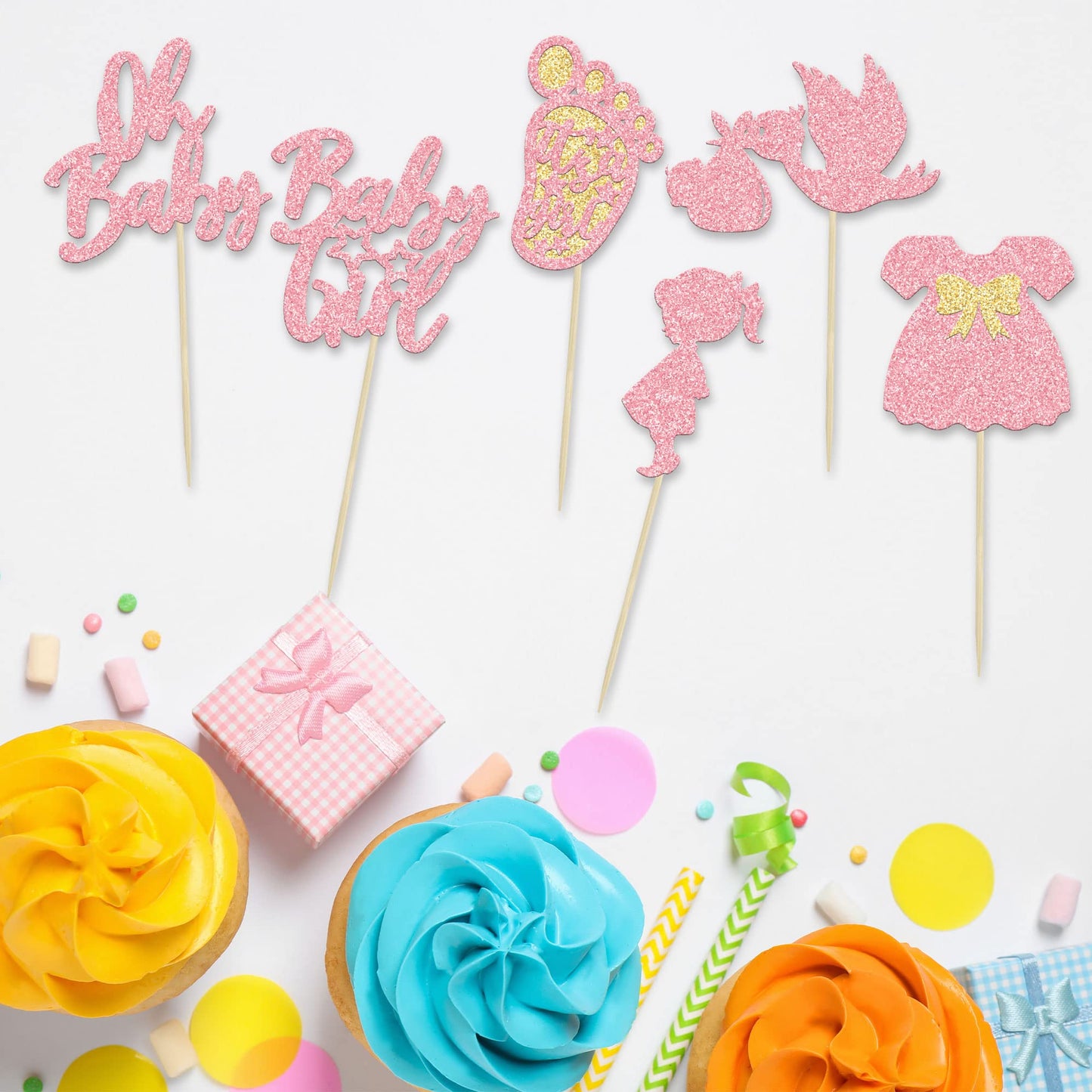 24Pcs Baby Shower Oh Baby Cupcake Toppers With Bow Dress Footprint Swan Pink Glitter Baby Girl Cake Picks Decorations For Baby S