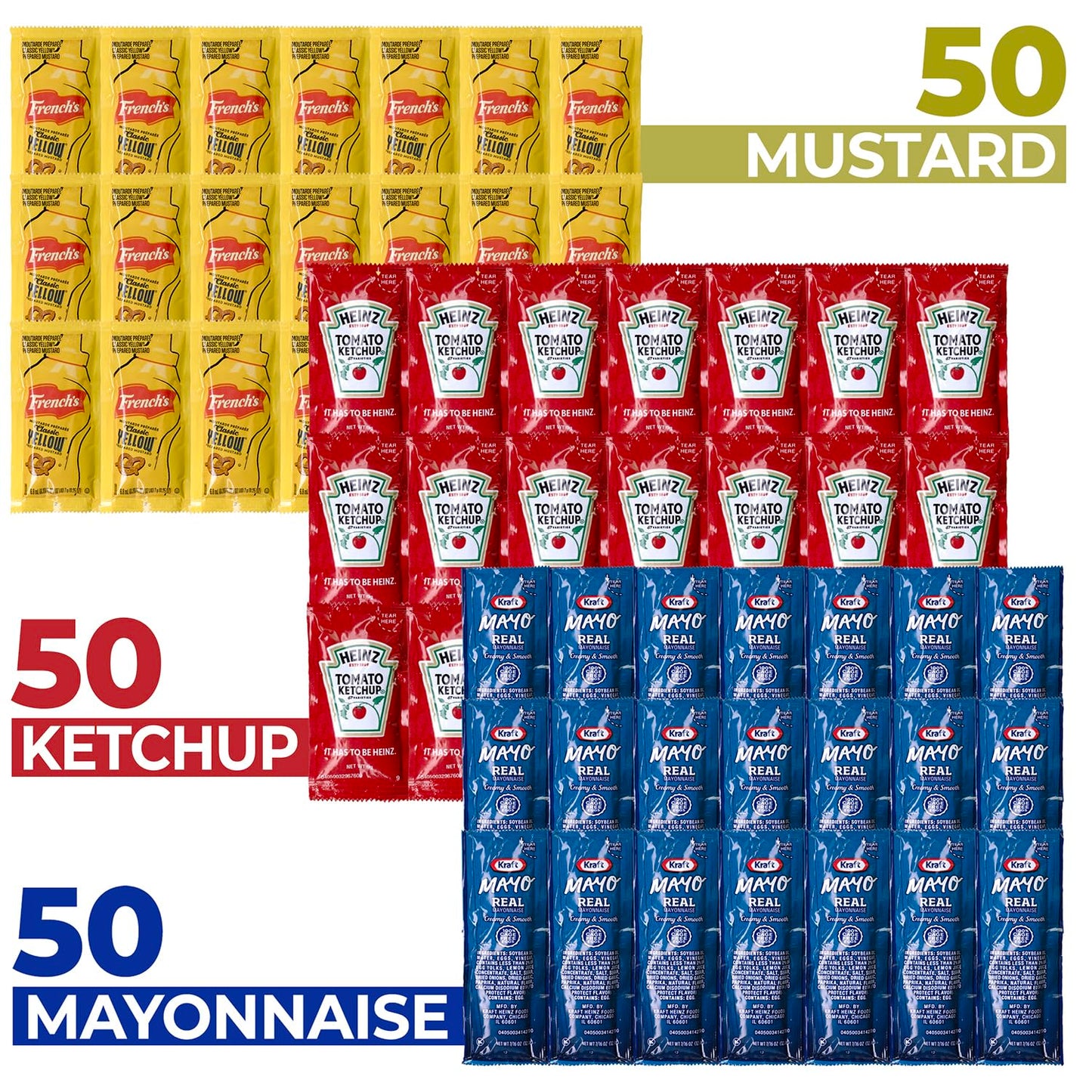 Shop Square Grab-n-Go Condiment Packs - Ketchup, Mustard, Mayo - 150 Count Dispenser Box for Picnics, BBQ, Travel, and Parties