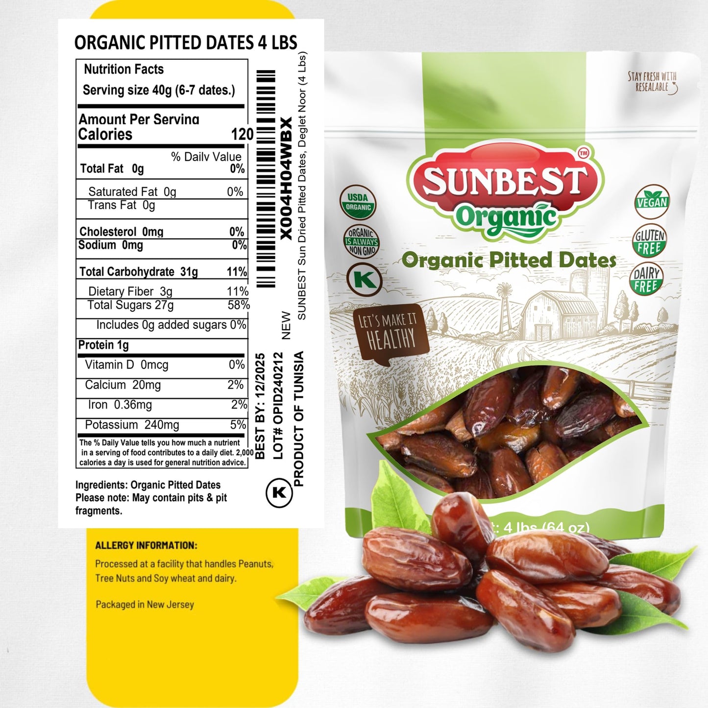Sunbest Natural Organic Sun-Dried Deglet Noor Dates - 4 Lb Bulk Bag (64 Oz) - Pitted, Naturally Sweet & Chewy - Non-Gmo, Vegan,