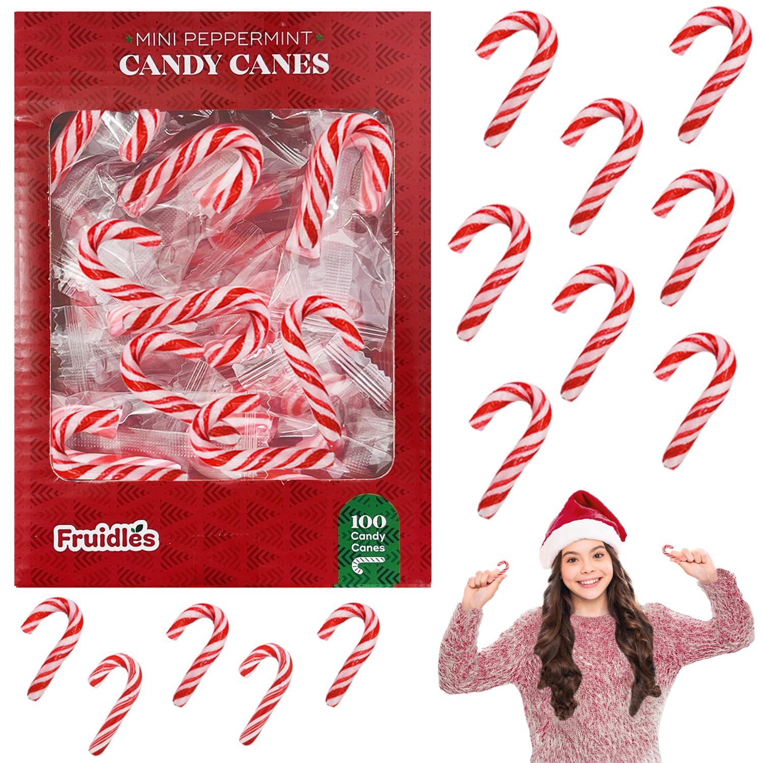 Fruidles Christmas Mini Candy Canes (100 Pack) Peppermint Flavor, Individually Wrapped, 2" Inch, Net Wt 4.42Oz (125G) (100-Pack)