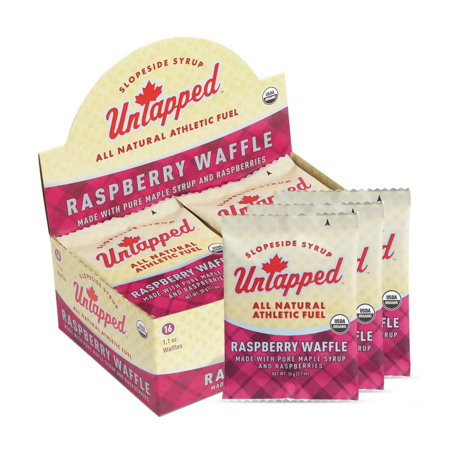 Untapped Organic Raspberry Waffles, Vegan Endurance Snacks, Sweetened with Maple Syrup, 1.05 oz Each, Box of 16