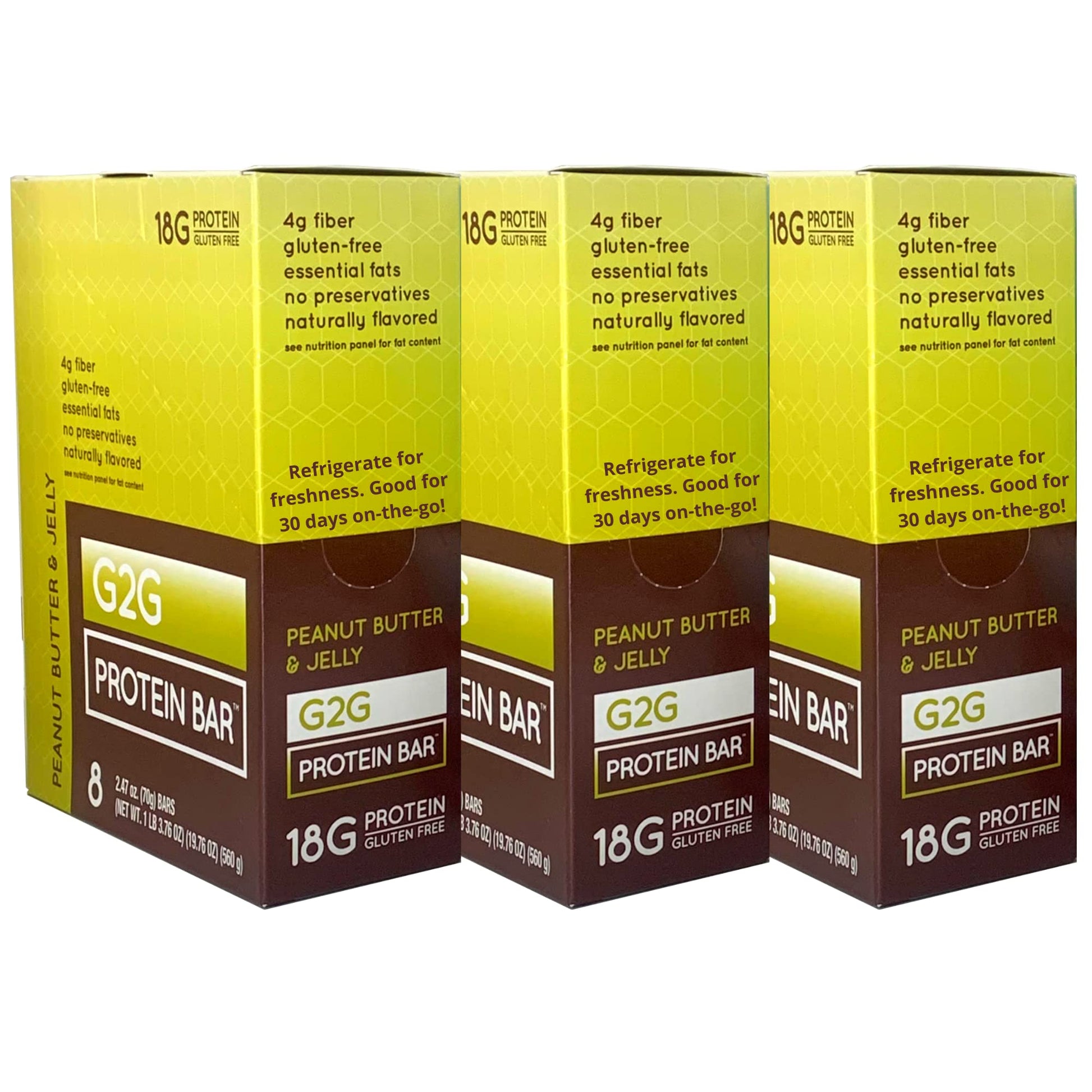 G2G Protein Bar, Peanut Butter & Jelly, Healthy Snack, Delicious Meal Replacement, Gluten-Free, Clean Ingredients, Refrigerated For Freshness, 24 Count (3 Packs Of 8)