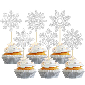 Gyufise 36Pcs Snowflake Cupcake Toppers Glitter Winter Frozen Theme Snowflake Cupcake Picks For Winter Wonderland Baby Shower Ki