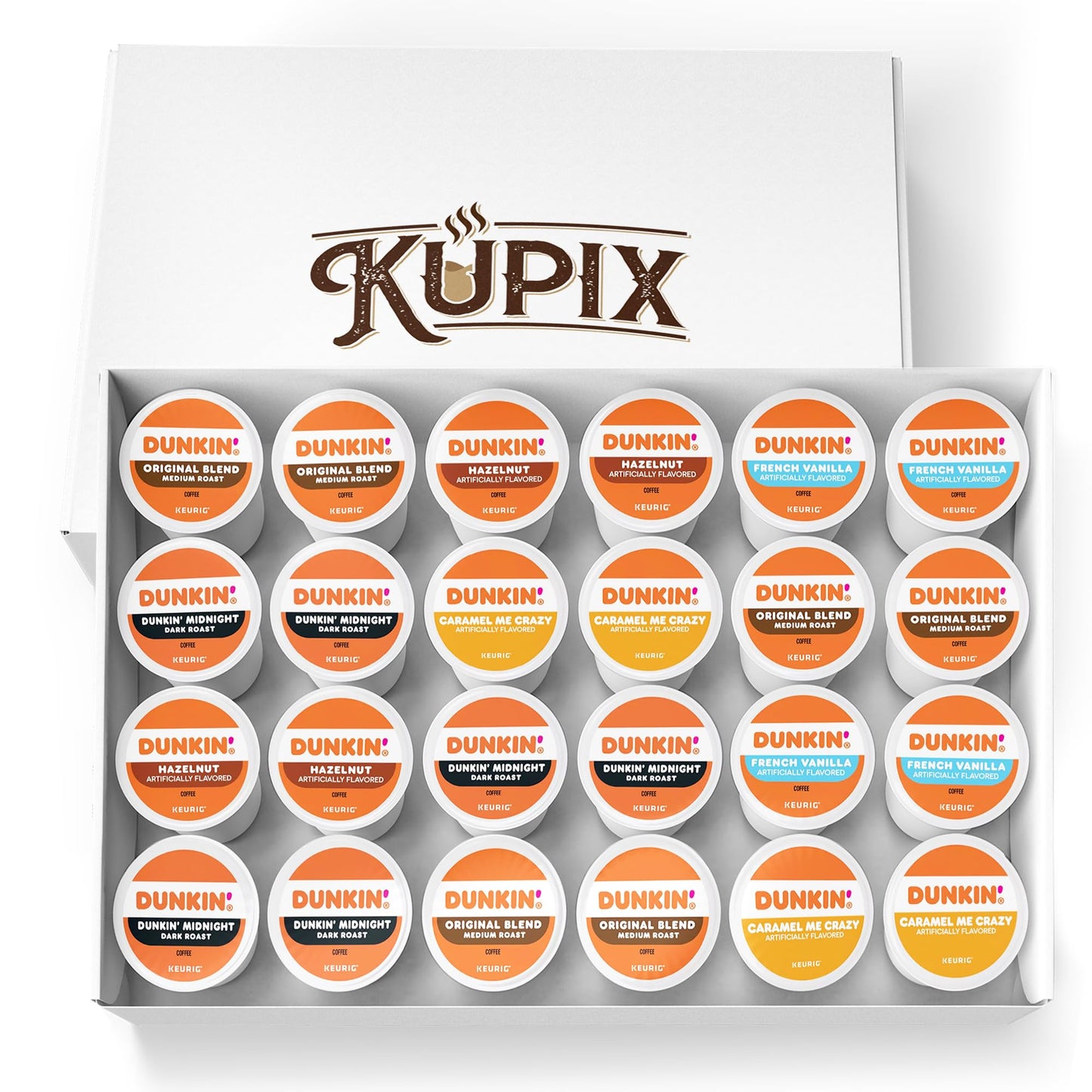 KUPIX Dunkin Donuts K-Cups Variety Pack - Original, Dark, Caramel, Hazelnut, French Vanilla - 24 Count for Keurig malt-inspired