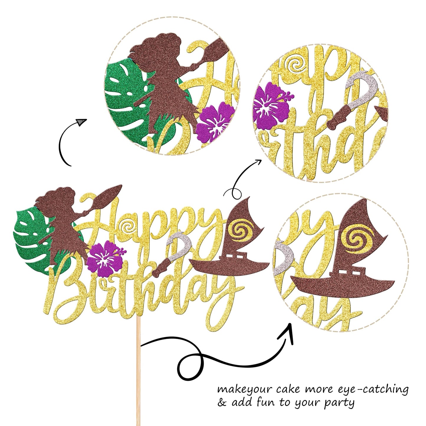1 Pcs Moana Happy Birthday Cake Topper Glitter Palm Leaf Flower Moana Cake Pick Tropical Hawaiian Luau Theme Cake Decorations Fo