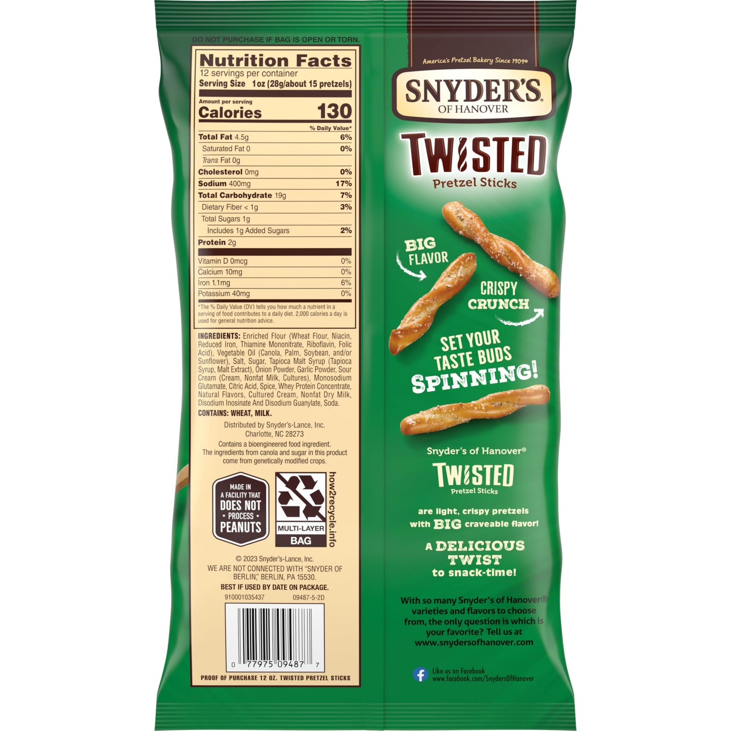 Snyders of Hanover, Sour Cream & Onion Twisted Pretzel Sticks, 12 Oz Bag (Pack of 3)