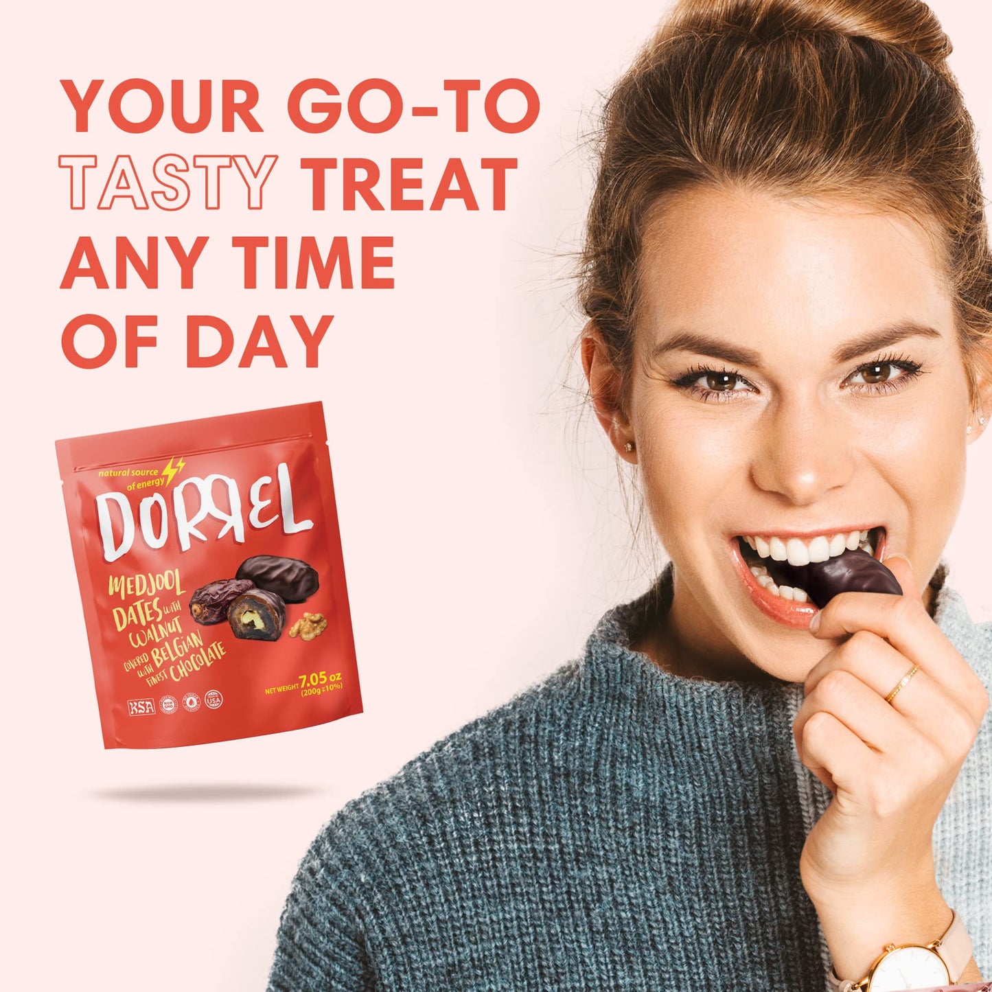 Dorrel - Belgian Dark Chocolate Covered Dates (Medjool) With Walnuts Stuffing, High Energy Vegan Choco Snack, Delicious, Kosher