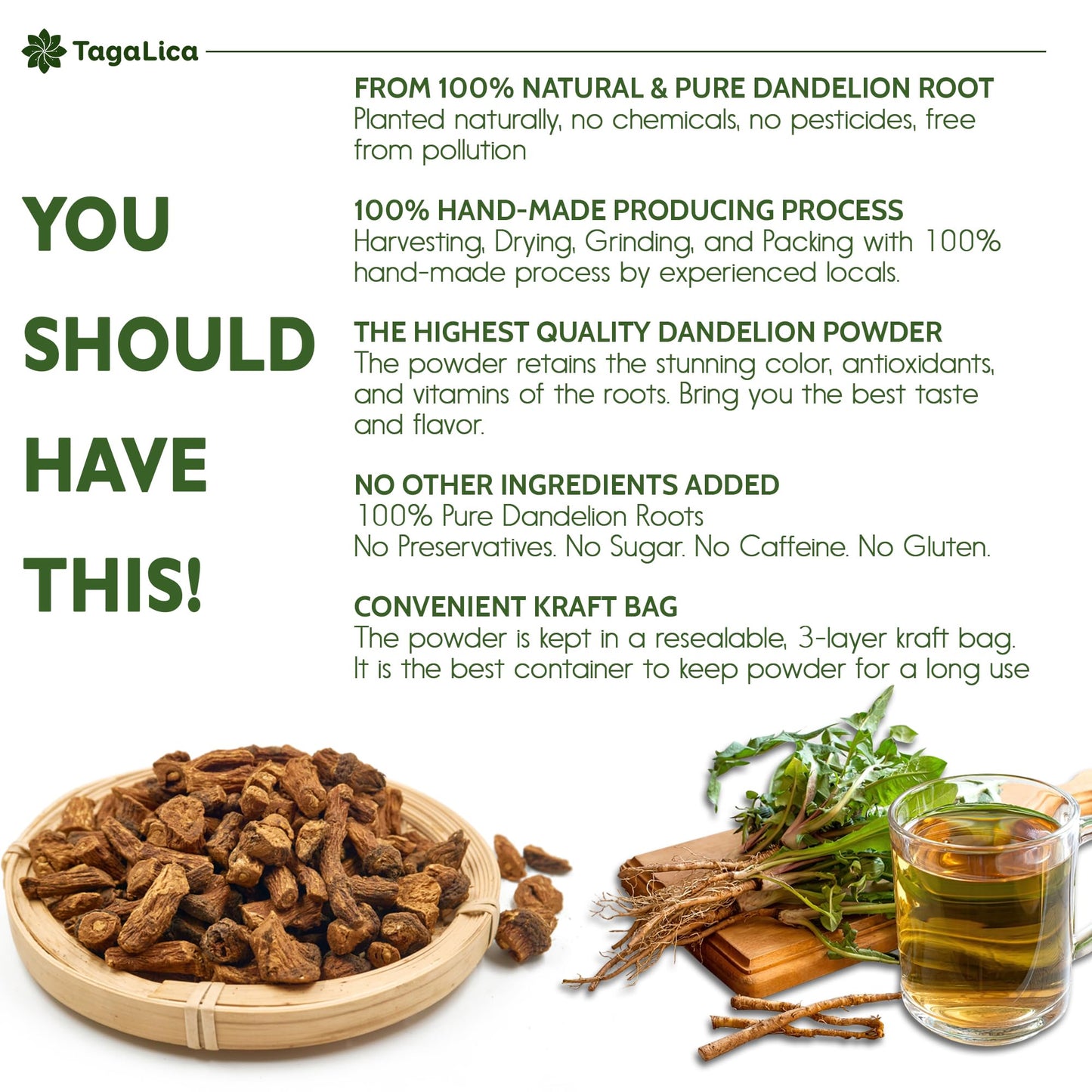 Tagalica Dandelion Root Powder, 100% Natural, Vegan, 2 oz, No Additives, Gluten-Free, Sugar-Free