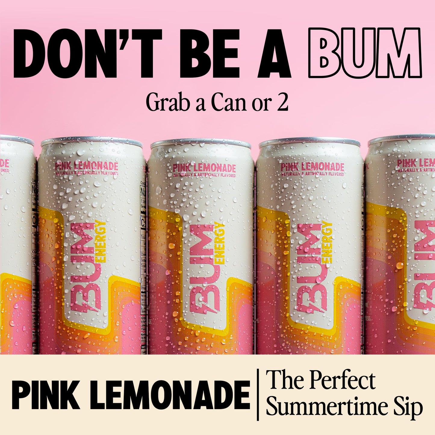 Bum Energy Sugar-Free Energy Drink, Pink Lemonade, Lightly Carbonated, 12 oz, Pack of 12