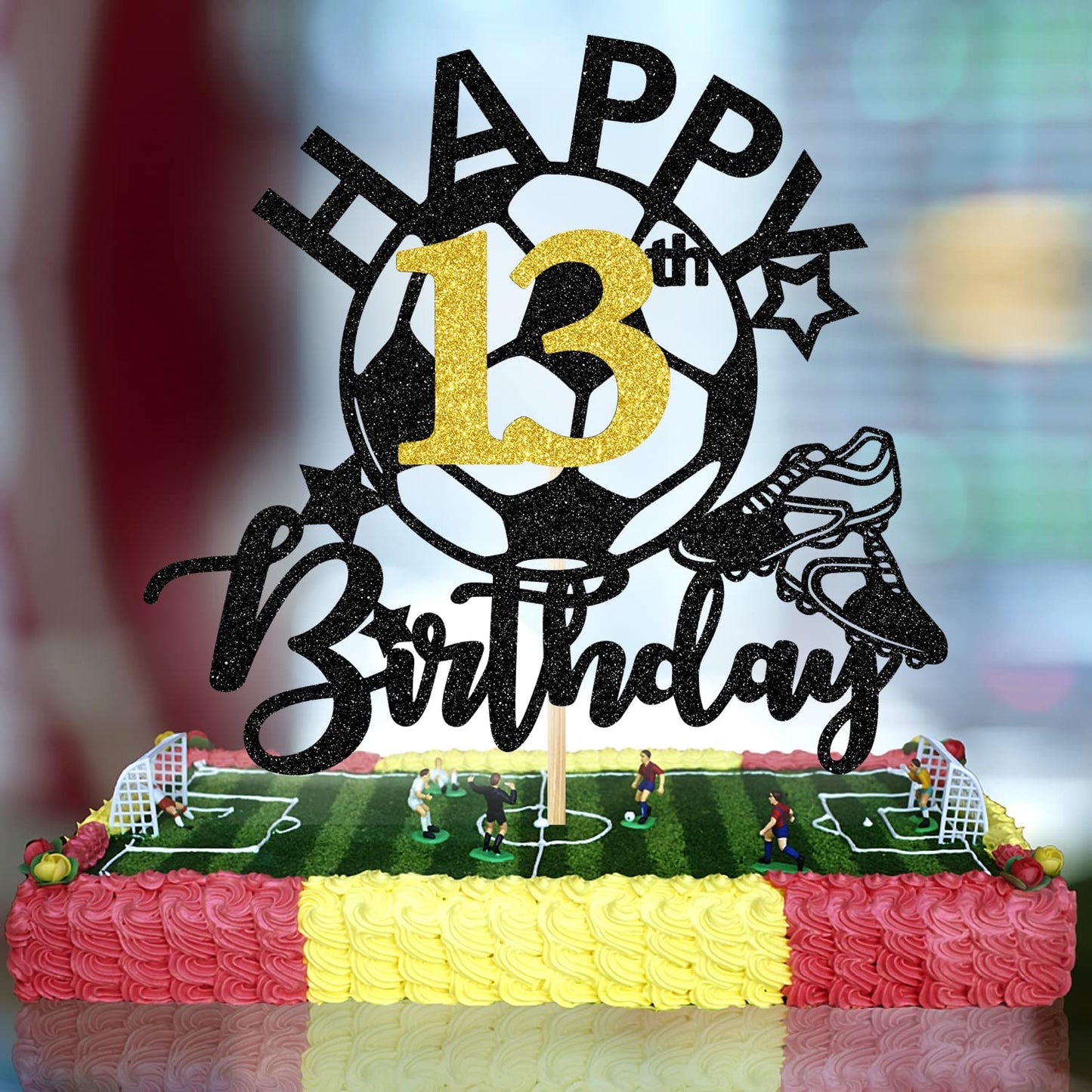 Aeryourtar Glitter Soccer Cake Topper, 13th Birthday Decorations, Paper, Soccer Theme, Party Supplies for Boys and Girls