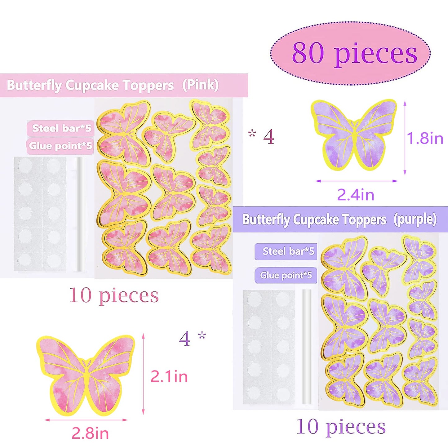 80Pcs Butterfly Cake Toppers Set Happy Birthday 3D Mixed Color Pink Purple Cupcake Picks Butterfly Cupcake Topper With Dot Glue