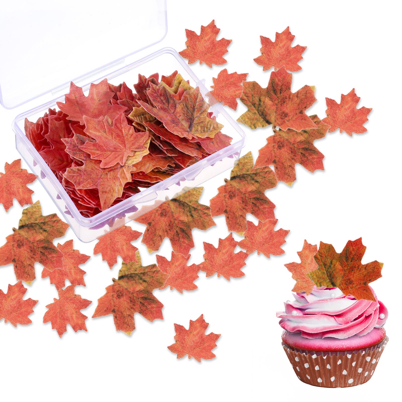 SUSSURRO Edible Gold Leaf Cupcake Toppers - 100 Pieces Maple Leaf Decoration for Parties, Includes Plastic Box