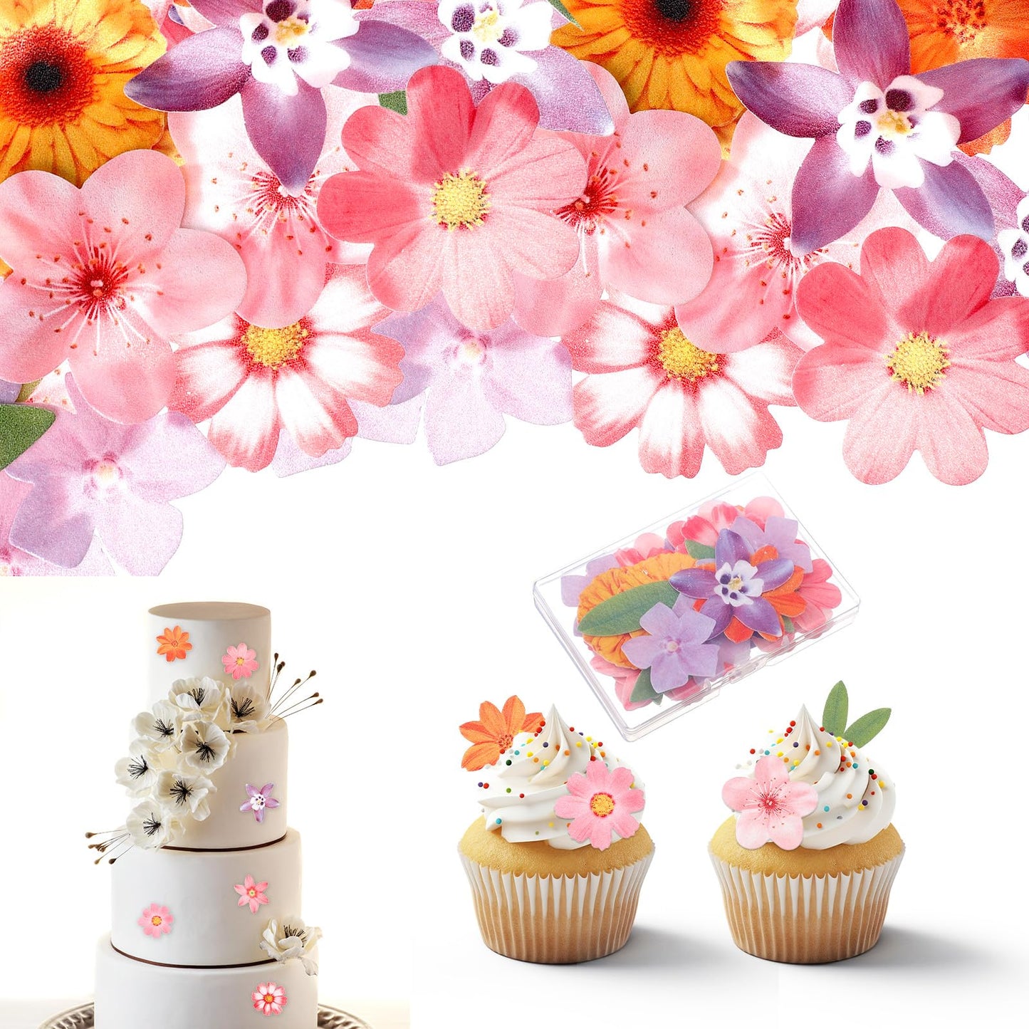 Dopenspi 50Pcs Edible Flowers Cake Decorations  Wafer Paper Edible Flower Cake Toppers Mixed Size Hawaiian Flowers For Cakes For Wedding Birthday Party Tropical Luau Themed Baby Shower Supplies