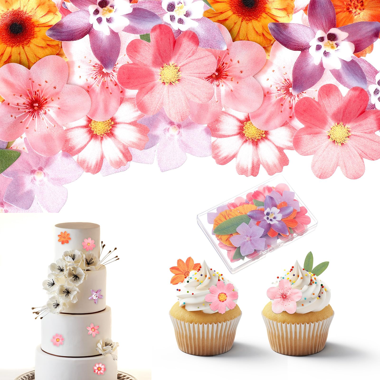 Dopenspi 50Pcs Edible Flowers Cake Decorations  Wafer Paper Edible Flower Cake Toppers Mixed Size Hawaiian Flowers For Cakes For Wedding Birthday Party Tropical Luau Themed Baby Shower Supplies