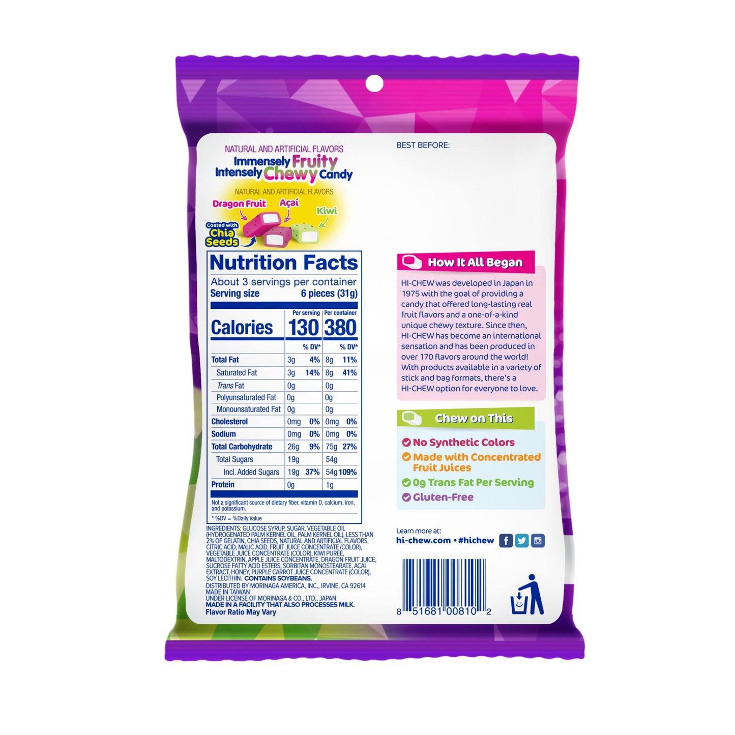 Hi-Chew Superfruit Mix, 3.17 Ounce, 6 Pieces, Gluten-Free, Made With Natural And Artificial Fruit Flavors