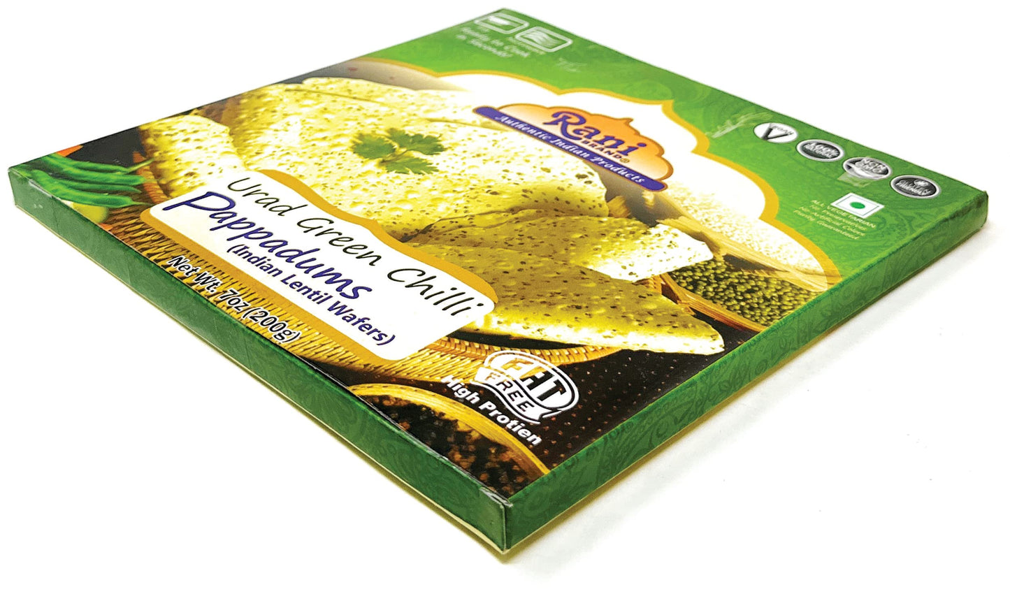 Rani Pappadums (Indian Lentil Wafer Snack) Green Chilli Papad 7Oz (200G) Approximately 15Pc, 7 Inches, Pack Of 2 ~ All Natural |