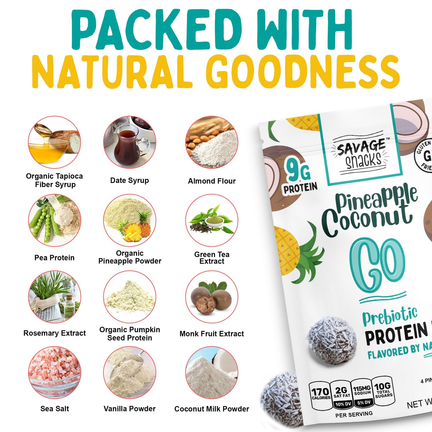 Savage Snacks Go Pineapple Coconut Whole Food Prebiotic 9G Protein Balls & Bites - Convenient On-The-Go Tasty Protein Snacks - High-Protein, Gluten-Free, Grain-Free & Flavored By Nature
