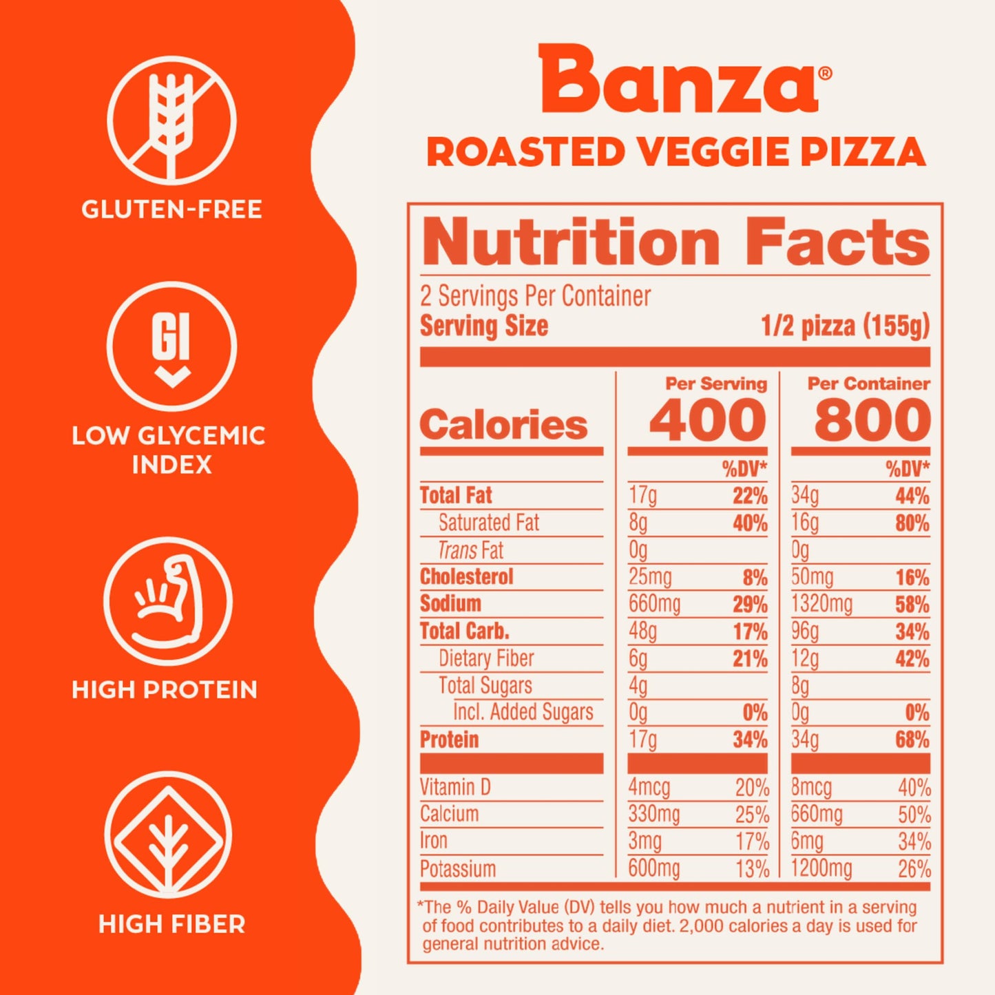 Banza Roasted Veggied Frozen Pizza from Chickpeas - High Protein, Gluten Free, 10.9oz