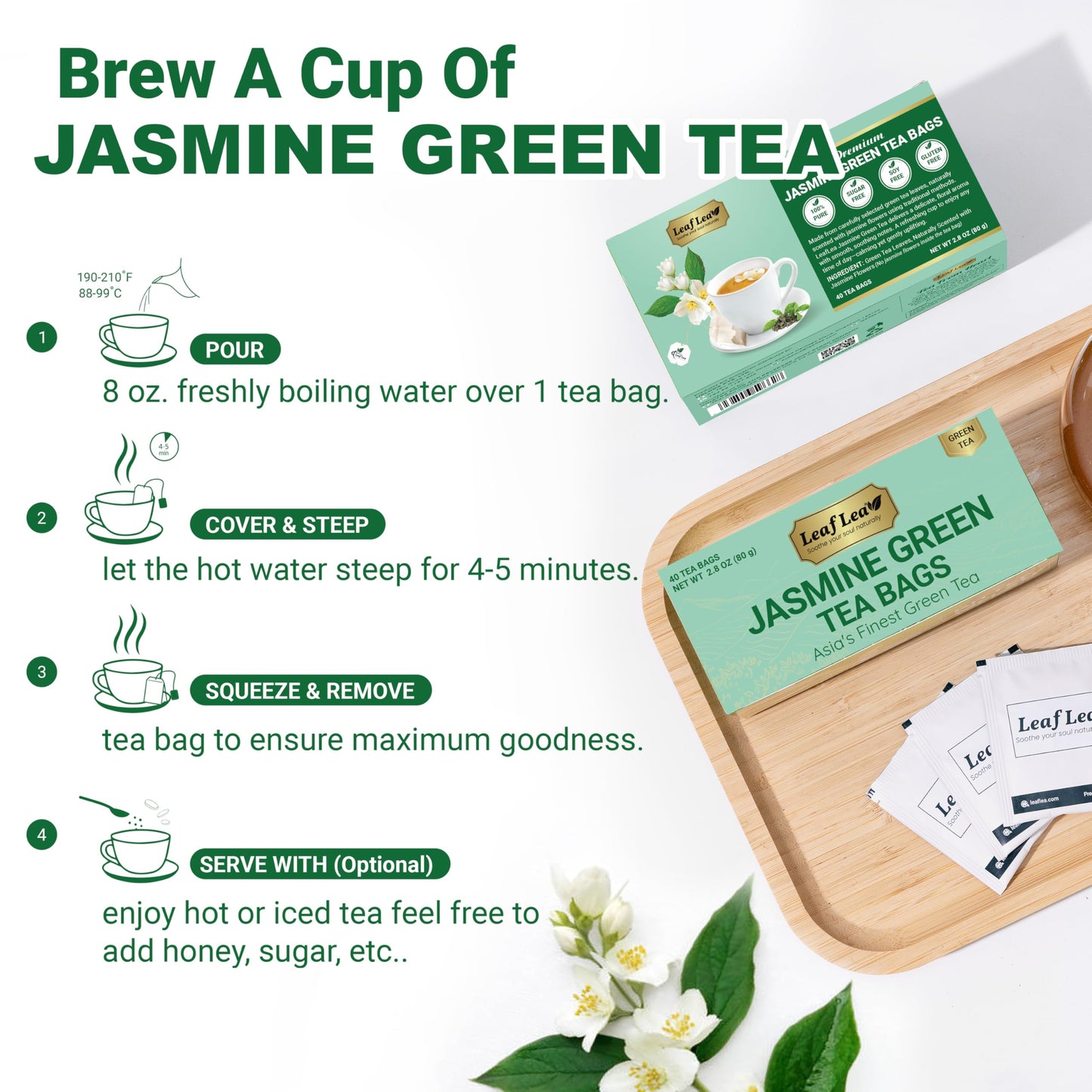 LeafLea 40 Jasmine Green Tea Bags  enhanced Green Tea Scented with Jasmine Flowers for Gentle Support & Light Alertness  Floral Smoothness  Caffeinated  Sugar-Free  Non-GMO  Vegan  Individually Wrapped