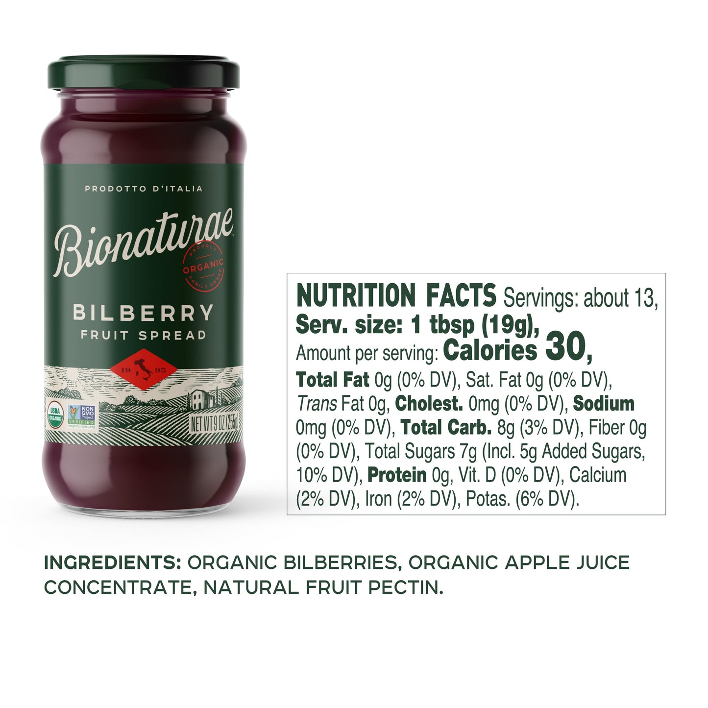 Bionaturae Organic Bilberry Fruit Spread, No Sugar Added, 9 Oz, 2 Pack